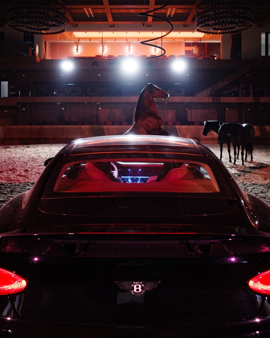 Bentley parked inside the equestrian arena at Issa Resort, horses in the background